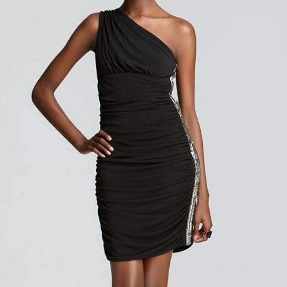 Max and Cleo Black Rouched One-Shoulder Sparkle Beaded Fitted Party Dress Sz 4